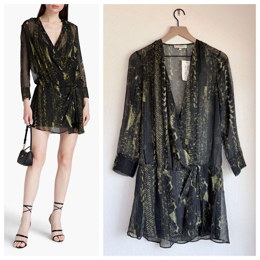 IRO Paris Akley Black Gold Snake Print Chiffon Wrap Mini Dress NWT Sz 40 FR US L